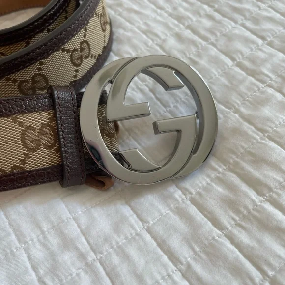 ❌SOLD❌💯Authentic Gucci Canvas Leather Silver Interlocking Buckle belt size 38 - Picture 5 of 15